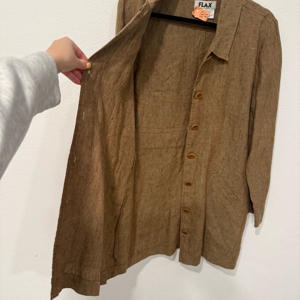 FLAX Brown Linen Button Down Long Cardigan Jacket S - Picture 4 of 5